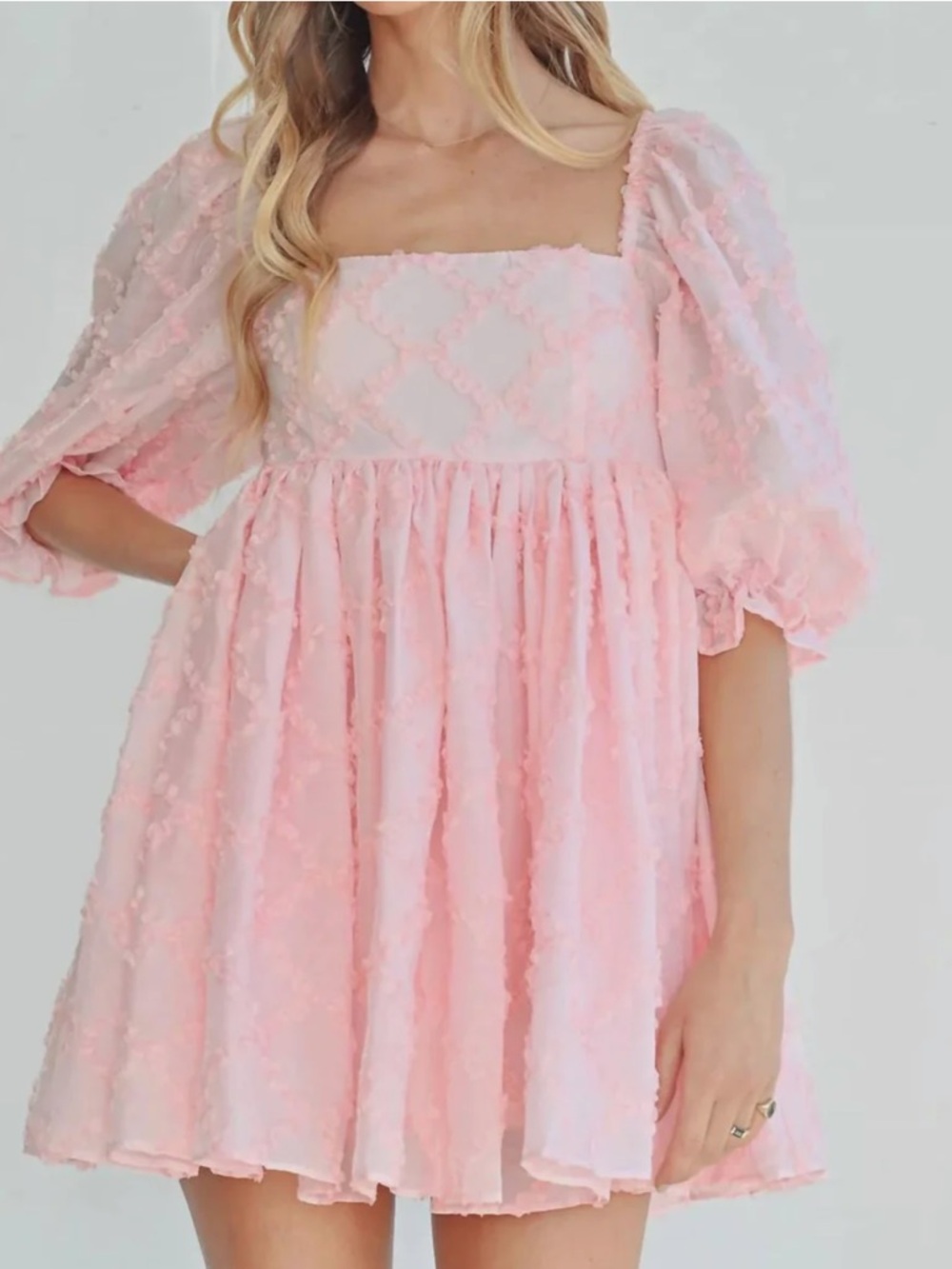 Mable Ribbon Textured Puff Sleeve Babydoll Mini Dress In Baby Pink Size M